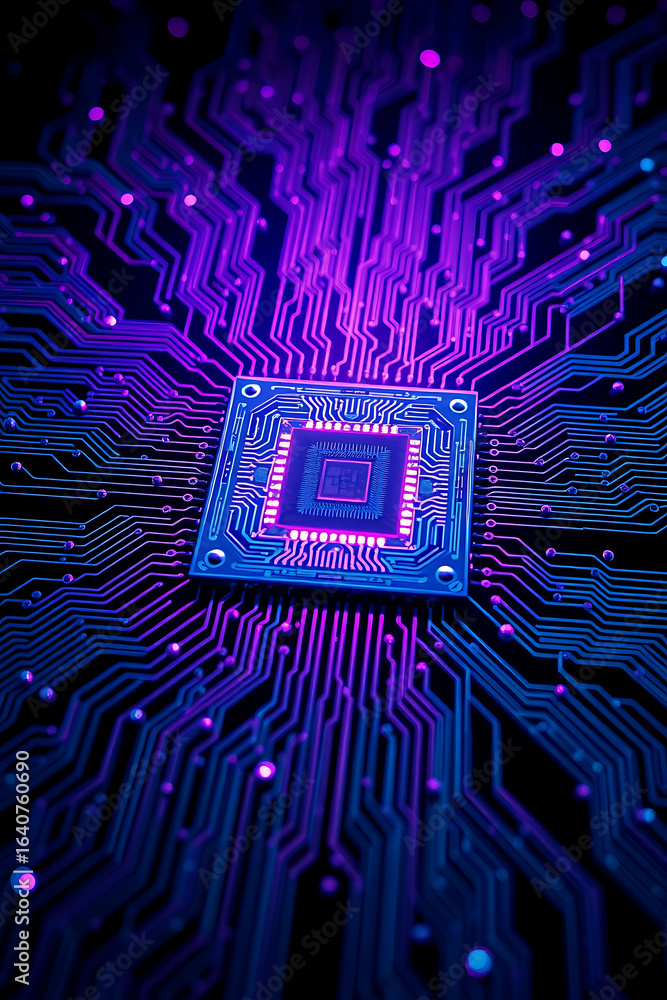 Aufkleber close-up view of a glowing central processor chip, surrounded by intricate circuit board pathways.