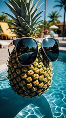 Pineapple Wearing Sunglasses by a Poolside in Bright Sunlight