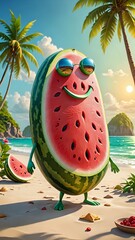 Smiling Watermelon With Sunglasses Enjoying a Sunny Tropical Beach Vacation