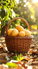 Ripe yellow mangoes in a wicker basket, nestled amongst fallen leaves in an orchard bathed in sunlight
