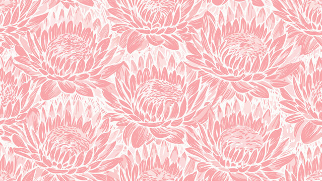 Seamless pattern featuring a dense arrangement of pink protea flowers in a repeating design of nature 100