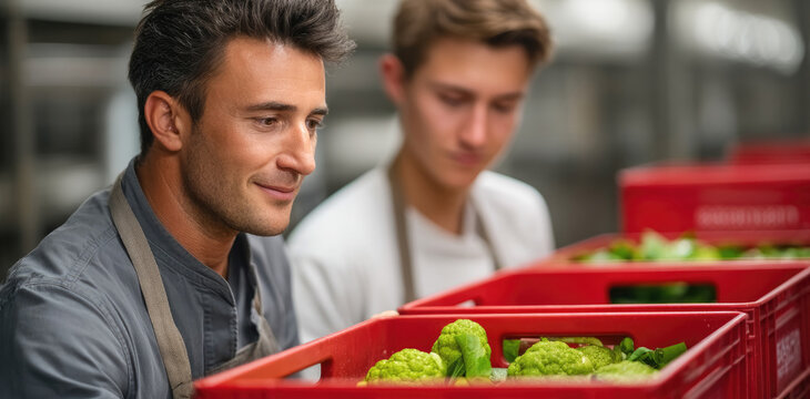 Smiling grocery store manager and young worker inspecting fresh green vegetables in red crate, teamwork in produce section