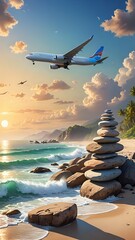 Airplane Flying Over Serene Tropical Beach with Balanced Stones