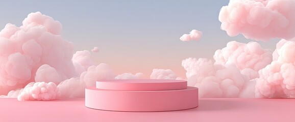 Pink pedestal display against a pastel sky with fluffy clouds