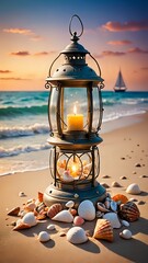 Illuminated Lantern Surrounded by Seashells on a Sunlit Seaside Beach