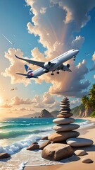 Airplane Flying Over Serene Tropical Beach with Balanced Stones