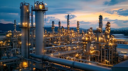 Industrial Complex at Dusk with Illuminated Structures and Pipelines