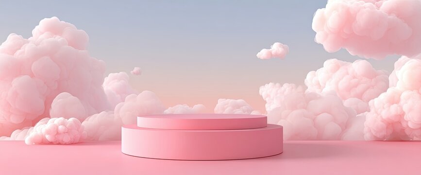 Pink pedestal display against a pastel sky with fluffy clouds