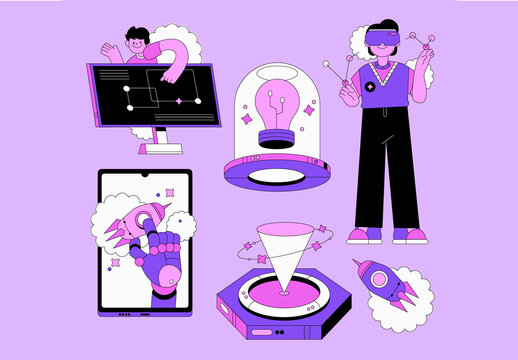 Purple Flat White Tech Startup Asset Illustration