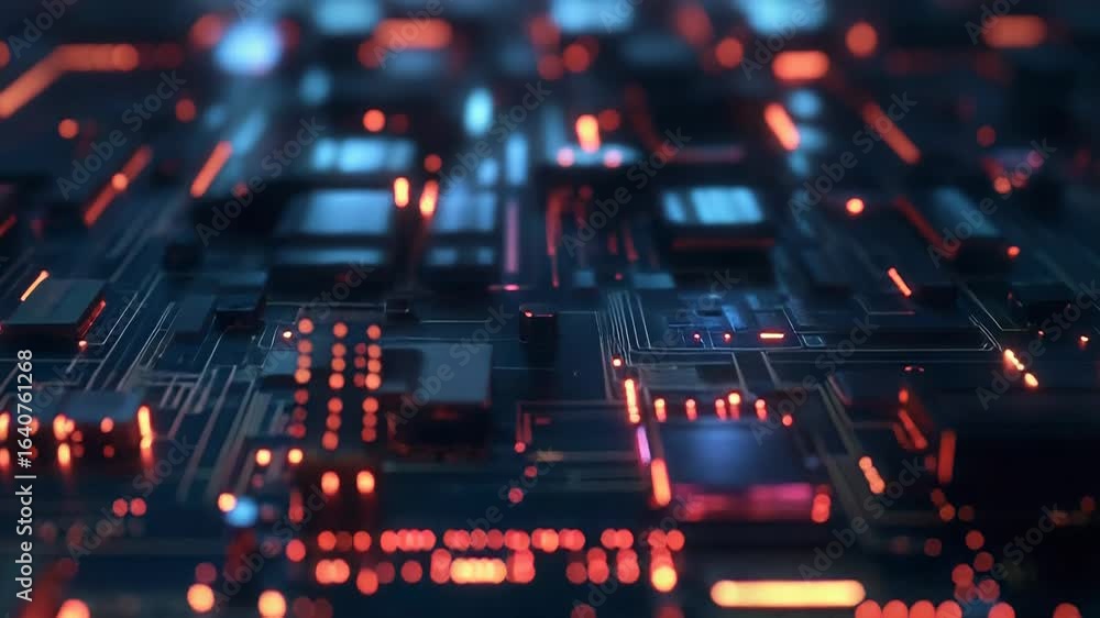 Poster futuristic circuit board pulsating with red and orange lights
