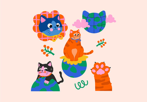 Blue and Orange Flat Design World Cat Day Asset Illustration