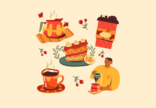 Orange Flat Design Coffee Shop Autumn Asset Illustration
