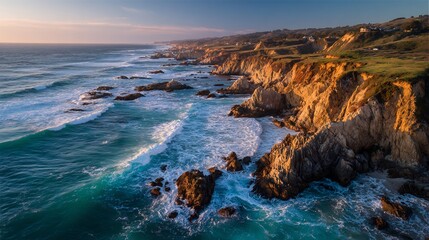 Golden light bathes high coastal cliffs as ocean waves crash against the rocky shoreline at dusk.