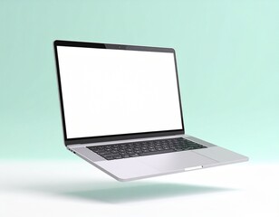 Floating laptop on pastel green background for technology and workspace concept. Generated image
