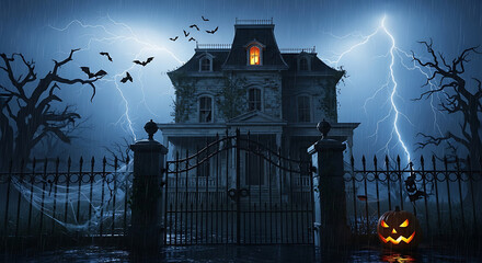 A spooky haunted house with bats flying and a pumpkin in front of the gate under lightning sky