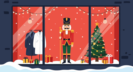 Festive Winter Holiday Window Display With Nutcracker And Christmas Tree