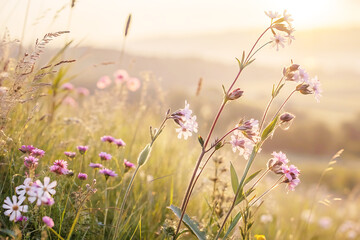 Delicate Wildflowers Bloom in Sunrise Meadow