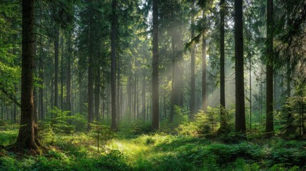 Enchanting Forest Landscape: Sunlight Through Trees, Lush Greenery, Tranquil Environment, Inspiring Nature Photography