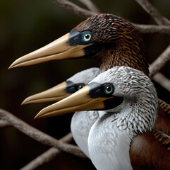 Obraz premium Brown and white seabird, long beak, perched on branch, side view, tropical forest, alert expression, detailed feathers