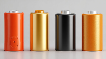 Four colorful cylindrical batteries arranged on a light gray surface