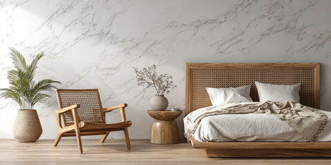 Rattan bed and chair with marble wall bedroom plant