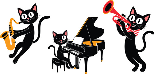 Joyful black cats play jazz music with piano and saxophone