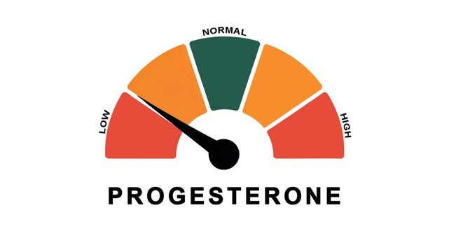 Animated progesterone level meter decreasing from normal to low level for concepts related to low progesterone, hormone imbalance, and women&rsquo;s reproductive health