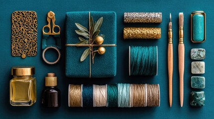 Teal gift wrapping supplies arranged on a teal background