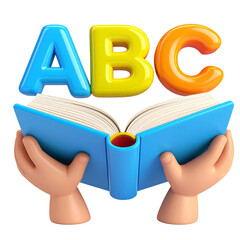 Open book held by two hands with colorful ABC letters floating above, symbolizing joyful early childhood education, literacy, and learning in playful, cartoon style