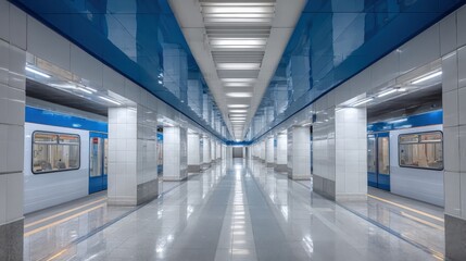 Modern Subway Station Platform with Train Cars and Sleek Design Elements for Transit Advertising