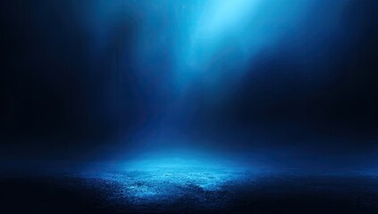 Deep blue, illuminated space.  Abstract, glowing,  dark background with  light beam,  and  textured floor