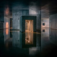 Obraz premium Concrete bunker, flooded interior, reflections