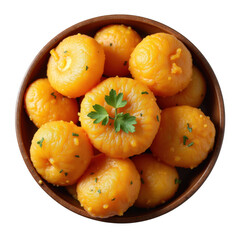 Delicious bowl of orange gnocchi with fresh parsley garnishing a culinary delight transparent background