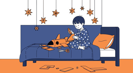 Enthusiastic young boy in star pajamas creates a cardboard rocket on his bed in his room