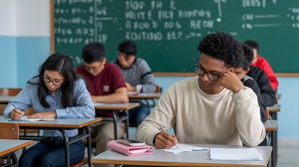 Focused students diligently taking exams in a bright, modern classroom setting, demonstrating academic engagement and learning