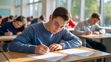Fototapeta premium Focused student diligently writing during important exam in bright, modern classroom setting