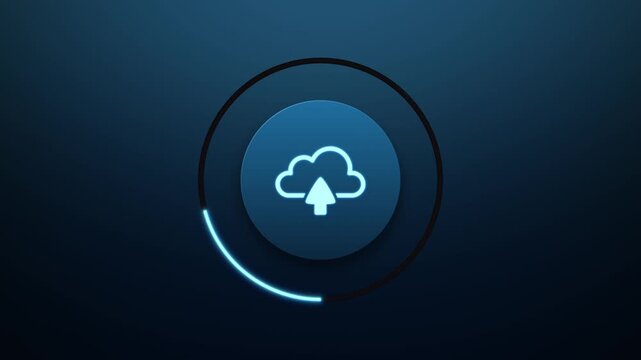 Cloud storage upload template with neon cloud icons and arrow moving inward. Glowing line in circle shape illustrating process. Looped. Horizontal, 4k.