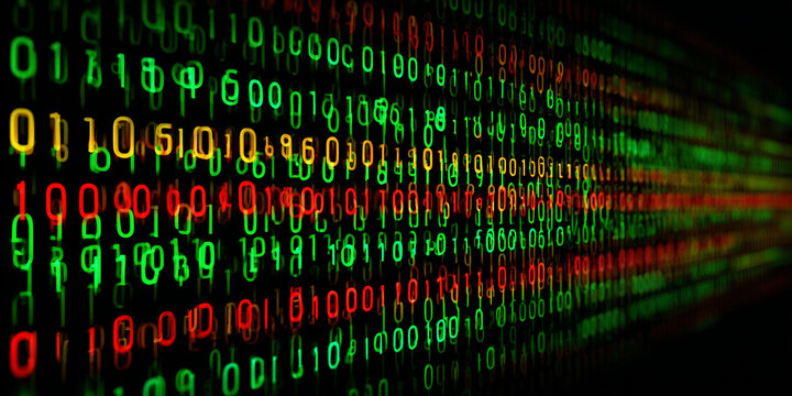 Vibrant green yellow red binary code stream numbers digital