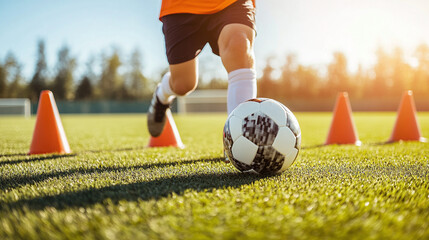 Football boy dribbles ball between training cones on green football pitch on sunny summer day