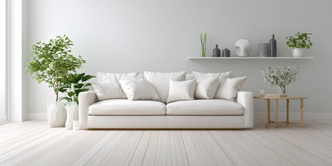 White sofa plants wooden table pillows green