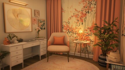 Cozy home office nook with peach accents, floral wallpaper, and modern art