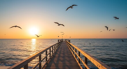The golden hour illuminates a serene coastal view, with a rustic pier reflecting the warm light and birds in flight adding a sense of movement and freedom to the tranquil seascape.