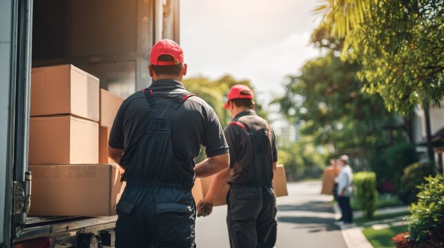 Professional Movers Unloading Boxes from Truck on Moving Day, Residential Relocation Services