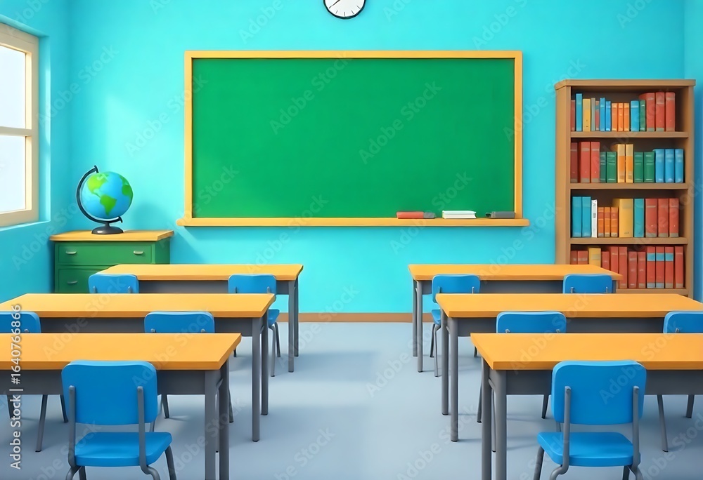 Poster generative ai image: school classroom interior with chalkboard desk and bookshelves a visualization