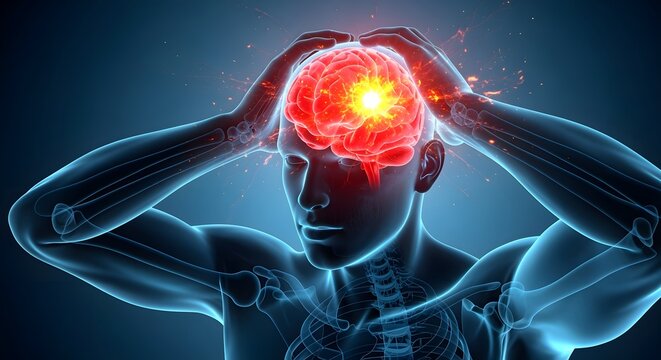 Headache Anatomy Illustration Red Brain with Pain Sparkles on Man Silhouette