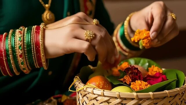 indian woman preparing chhath puja offerings