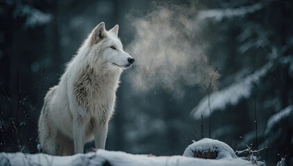Obraz premium Majestic white wolf in snowy forest