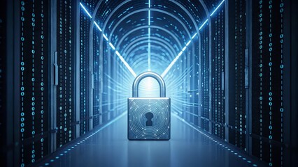 Secure your digital future with this advanced cybersecurity concept featuring a glowing padlock in a data center tunnel.