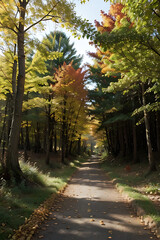 Fototapeta premium A sunlit path winds through a colorful forest, showcasing autumn foliage.