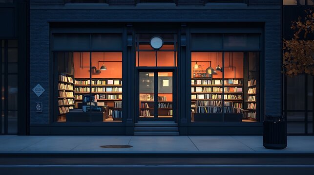 Dark bookstore storefront at night